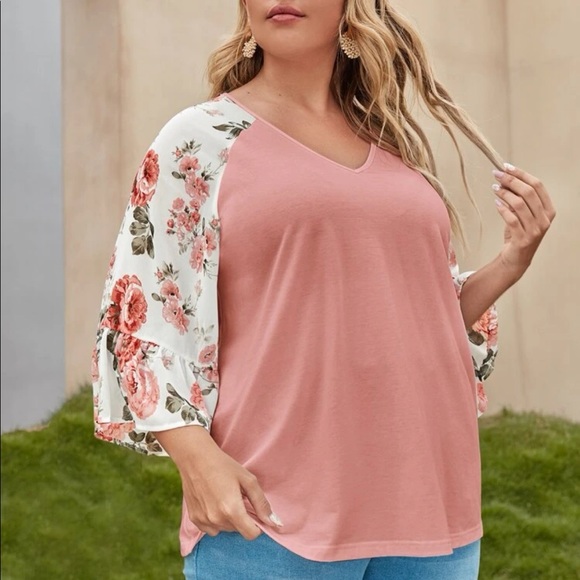 Boho black  V neck floral print sleeve blouse - Picture 9 of 16